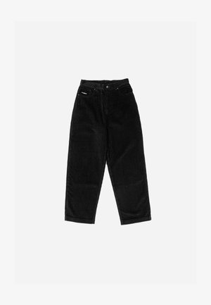 Čierne kordové nohavice s vysokým pásom, širokými nohavicami a diskrétnym logom na prednej vrecku. Mäkká textúra s výraznými vertikálnymi pruhmi.