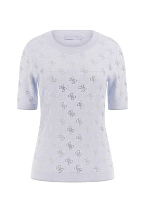Light blue short-sleeve sweater with a textured, patterned design featuring reflective silver accents throughout. Round neckline and ribbed cuffs.
