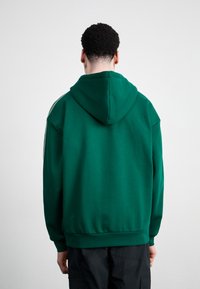 Sweatshirt verde com capuz e corte descontraído. Apresenta uma cor sólida, punhos e bainha canelados, e um tecido macio e texturizado.