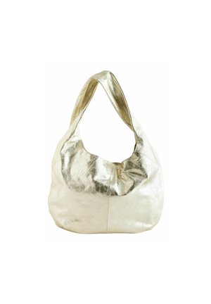 Metallic sidabrinės spalvos hobo rankinė, pagaminta iš tekstūrinės sintetinės medžiagos. Pasižymi plačiu, linkiu rankenėle ir minkštu, laisvu dizainu be matomų metalinių komponentų.