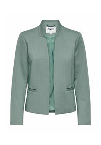 Blazer vert clair ajusté avec col, manches longues, deux poches déboutonnées à l'avant et une doublure intérieure lisse.