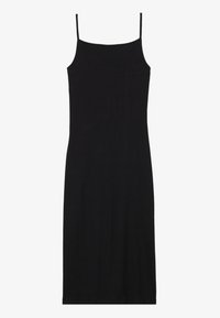 Robe noire sans manches avec fines bretelles. Coupe droite et texture côtelée. Design minimaliste, silhouette longue jusqu'à la cheville.