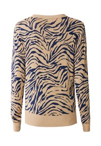 Beige tröja med ett marinblått tigerrandigt mönster, långa ärmar, ribbade ärmslut och en rundad halsringning. Mjuk stickad kvalitet.