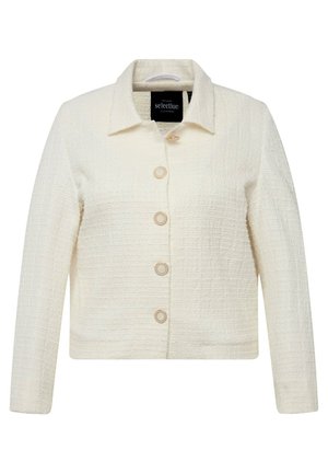 Witte textuurjacket met een kraag, vijf knopen aan de voorkant en een rechte pasvorm. De stof heeft een subtiel geweven patroon en een gladde afwerking.