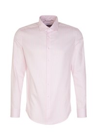Lichtroze langslavige shirt met verticale witte strepen, standaardkraag en knoopsluiting, met een gladde katoenen textuur.