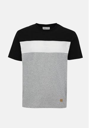 Herren-T-Shirt mit kurzen Ärmeln, schwarzem oberen Brustbereich und Ärmeln, weißem Bruststreifen und hellgrauem unteren Körperbereich.