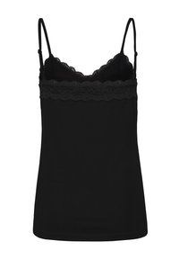 Schwarzes Top mit dünnen verstellbaren Trägern und einer Spitzenkante am Halsausschnitt. Hergestellt aus weichem, glattem Stoff mit körpernahem Schnitt.