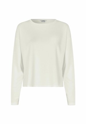 Haut blanc à manches longues avec un col rond, coupe décontractée et tissu doux. Présente un ourlet droit et un design minimaliste.