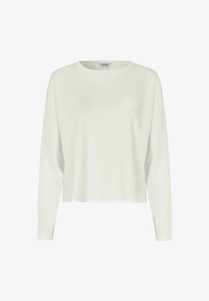 Weißes langärmliges Oberteil mit rundem Ausschnitt, lockerem Schnitt und weichem Stoff. Verfügt über einen geraden Saum und ein minimalistisches Design.