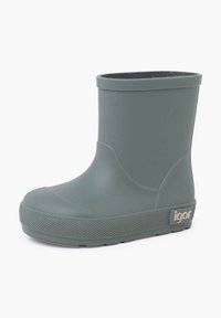 Botte de pluie en caoutchouc verte avec une semelle texturée, design mi-hauteur, bout arrondi et doublure douce. Présente un accent de logo sur le côté.
