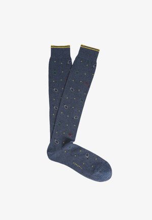 Calze al ginocchio blu navy realizzate in materiale morbido, decorate con un motivo giocoso di punti verdi, rossi, gialli e grigi, con un risvolto a righe gialle.