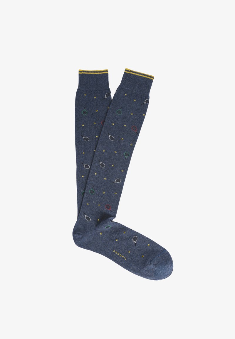 Calze al ginocchio blu navy realizzate in materiale morbido, decorate con un motivo giocoso di punti verdi, rossi, gialli e grigi, con un risvolto a righe gialle.
