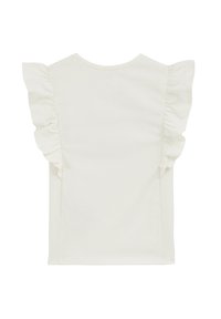Balta medvilninė marškinėlių su volanėlėmis rankovėmis ir apvaliu iškirpimu. Nugarinė dalis paprasta, su šiek tiek prisiūtu siluetu ir lygiu paviršiumi.