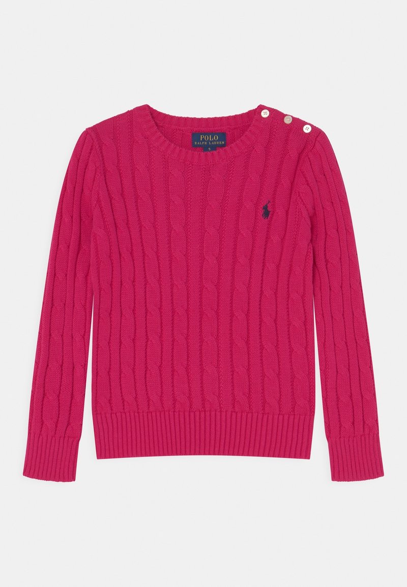 Pull rose vif en maille torsadée avec manches longues, poignets et ourlet côtelés, et détail à trois boutons sur l'épaule gauche. Logo brodé sur la poitrine.