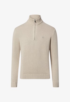 Pull-over beige à col zippé en tissu texturé. Présente un col et des poignets côtelés, avec un petit logo sur la poitrine.