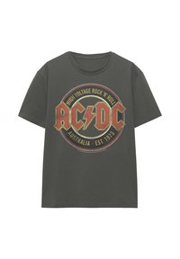 Dark gray cotton t-shirt featuring a large circular printed design in red and gold with "AC/DC" and "High Voltage Rock 'n' Roll" text.