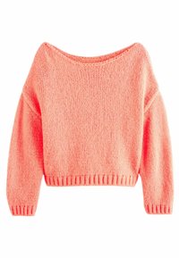 Koronkowy, kr�ótkowłóczkowy sweter w kolorze koralowym, z szerokimi rękawami, ściągaczami u mankietów i u dołu oraz miękką teksturą. Posiada dekolt w łódkę, co zapewnia luźny krój.