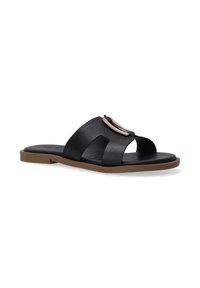 Black leather slide sandals with two wide straps and a circular metallic accent. Features a flat brown rubber outsole.