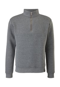 Felpa grigia con colletto alto e zip frontale. Realizzata in un tessuto morbido, presenta polsini e orlo a coste. Design semplice e monocromatico.