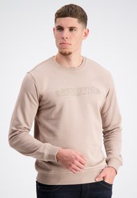 Felpa beige a girocollo realizzata in morbido tessuto, con un logo testurizzato sul petto e polsini e orlo a coste.