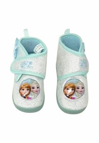 Stivali alla caviglia argentati con un accento blu chiaro, caratterizzati da immagini di personaggi sulla parte anteriore e chiusura con cinturino in Velcro. Texture morbida.