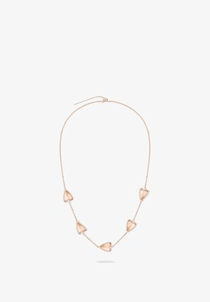 Delikat halskæde i rosaguldbelagt kæde med fem jævnt fordelt solide hjerteformede vedhæng og justerbar glide-lås.