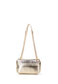 Gold metallic handbag with a chain strap, rectangular shape, smooth texture, and front pocket detailing. Compact and elegant design.
