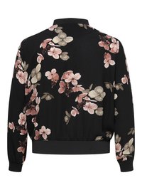 Chaqueta bomber negra con estampado floral en rosa y beige, con puños, cintura y cuello acanalados, vista desde atrás.