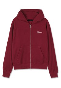 Bordo zip-up džemperis su įribuotomis tekstūromis. Turi erdvų gobtuvą, priekinę kišenę ir siuvinėtą logotipą ant krūtinės.