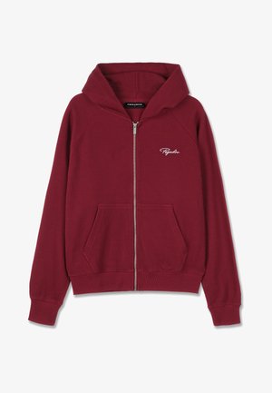 Moleton com fecho em bordeaux com textura canelada. Apresenta um capuz espaçoso, bolsos frontais e um logo bordado no peito.