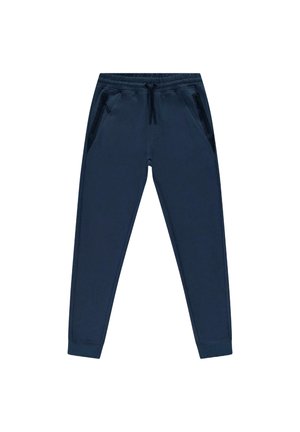 Marineblauwe joggerbroek gemaakt van zacht materiaal, met twee zakken met rits, een elastische tailleband met koord en een taps toelopend ontwerp van de pijpen.