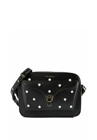 Borsa tracolla in pelle nera con dettagli in perle, pattina frontale e ferrature argentate. Caratterizzata da una tracolla regolabile e un design pulito.