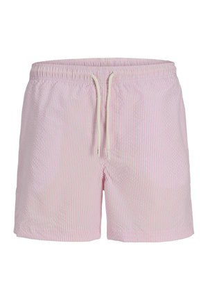 Svetloružové a biele vertikálne pruhované plavkové šortky s elastickým pásom a bielou šnúrkou vpredu v strede.