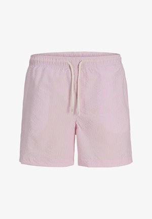 Svetloružové a biele vertikálne pruhované plavkové šortky s elastickým pásom a bielou šnúrkou vpredu v strede.