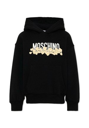 Czarna bluza z kapturem i kieszenią z przodu, z napisem ""MOSCHINO"" oraz grafiką popcornu na piersi, z długimi rękawami i przyszytym kapturem.