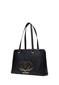 Borsa tote nera in similpelle con hardware dorato, dettagli con logo, manici doppi e forma rettangolare strutturata.