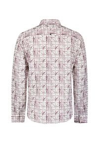 Wit overhemd met lange mouwen en een kastanjebruin geometrisch patroon. Voorzien van knoopsluiting bij de mouwen en een rugpand met een lusdetail.