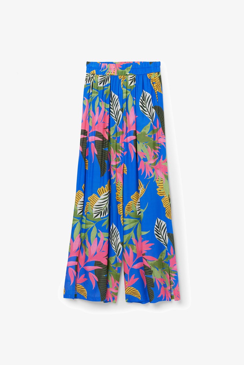 Pantalons larges bleus avec un motif de feuilles tropicales en rose, vert et noir. Taille élastique avec plis pour plus de volume.