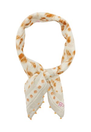 Lekki, kremowy szalik z pomarańczowym wzorem tie-dye oraz małymi pomarańczowymi pomponami na krawędziach. Tkanina nadająca się do prania w pralce.
