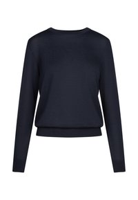 Pull à col rond bleu marine à manches longues avec poignets et ourlet côtelés, fabriqué en tissu tricot léger, présenté sur fond blanc.