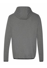 Hoodie gris avec capuche, manches longues et un design simple. Fabriqué dans un tissu texturé avec un ourlet arrondi et des accents noirs.