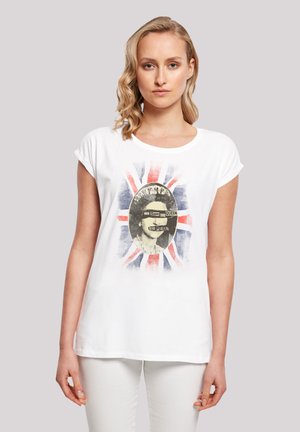 Weißes Baumwoll-T-Shirt mit rundem Ausschnitt und kurzen Ärmeln, verziert mit einem Grafikdruck der Königin auf einem Union-Jack-Hintergrund.