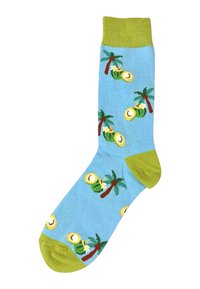 Lyseblå sokker med grønne detaljer, der har et mønster af palmer og kokosskaller. Blødt materiale med ribbet topsektion.