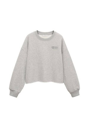 Svijetlosiva dugih rukava skraćena dukserica s rebrastim manžetama i malim otisnutim tekstom na gornjem lijevom prsnom dijelu.