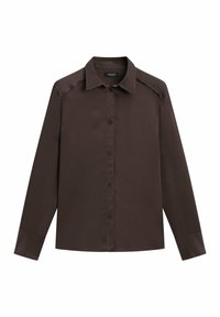 Brun langærmet skjorte i glat stof med knaplukning foran, klassisk krave og enkeltknap manchetter. Minimalistisk design uden mønstre.