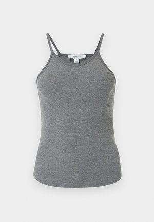 Grijs geribd gebreide topje met dunne dubbele schouderbandjes en ronde hals, afgebeeld tegen een effen lichte achtergrond.