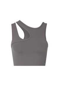 Brassière de sport grise avec une découpe asymétrique sur l'épaule gauche et des bretelles larges.