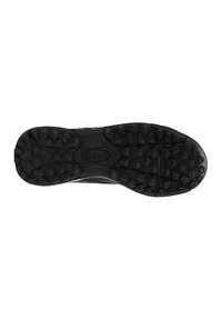 Semelle de chaussure de sport noire avec une surface texturée et des crampons arrondis pour une meilleure adhérence. Le matériau semble être du caoutchouc avec un talon renforcé.