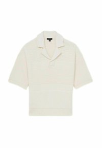 Tricou polo cu mâneci scurte din tricot, de culoare crem deschis, cu un model texturat, guler și tiv ribbate, având o croială lejeră.