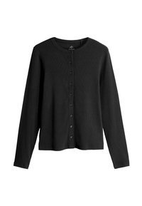 Schwarzer, langärmeliger Cardigan aus geripptem Stoff, mit Rundhalsausschnitt und einer Knopfleiste mit schwarzen Knöpfen auf der Vorderseite.